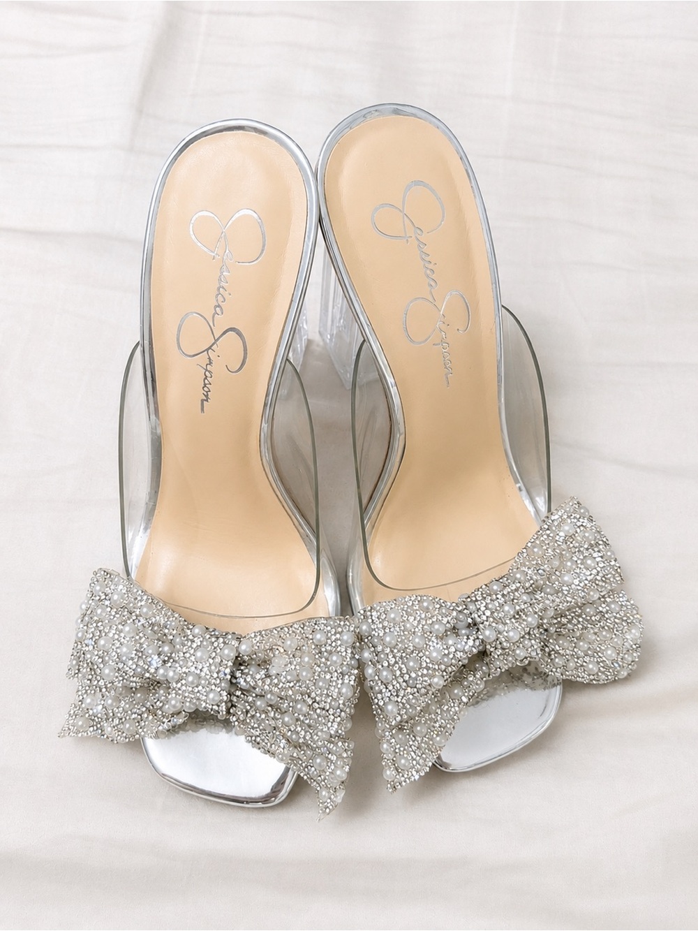 Jessica Simpson Silver Crystal Bow Clear Slide Heels